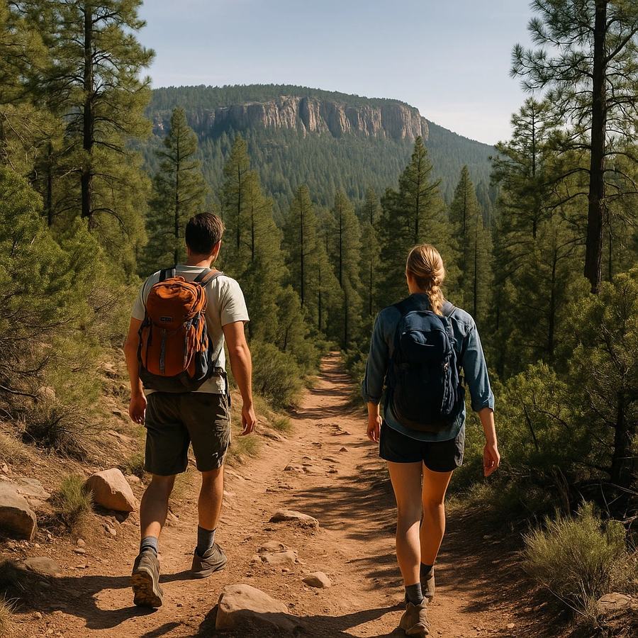 Two hikers walk along a forested trail in Payson, Arizona, with panoramic views of the Mogollon Rim in the background.